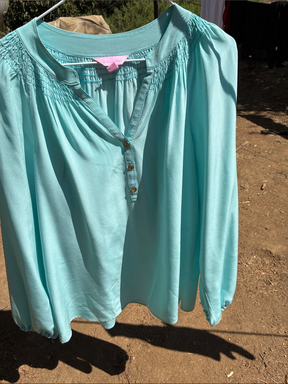 Lilly Pulitzer Aqua Smocked Yoke Long Sleeve Blouse